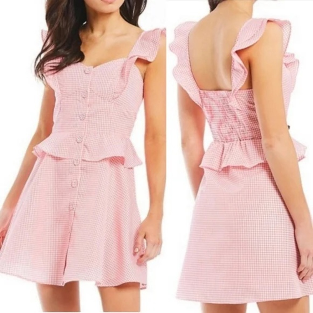 Pink gingham ruffle button down mini dress